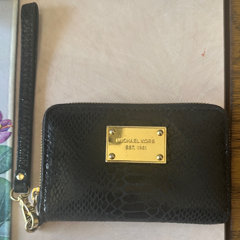 Michael Kors Black Textured Wristlet with Gold Accents